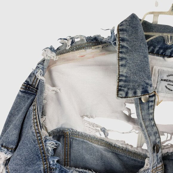 American Bazi Womens Cropped Distressed Denim Jacket Sz S - Picture 9 of 13